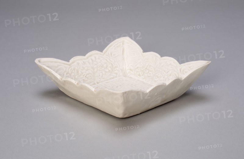 Foliate Square Dish, Liao dynasty (907–1124), late 10th century, China, Porcelain with creamy white glaze and underglaze molded decoration, 3.7 × 11.5 × 11.5 cm (1 7/16 × 4 1/2 × 4 1/2 in.)