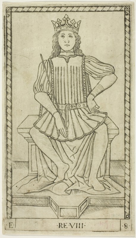 The King, plate eight from The Ranks and Conditions of Men, c. 1465, Master of the E-Series Tarocchi, Italian, active c. 1465, Italy, Engraving on paper, 178 x 101 mm (plate), 183 x 105 mm (sheet)
