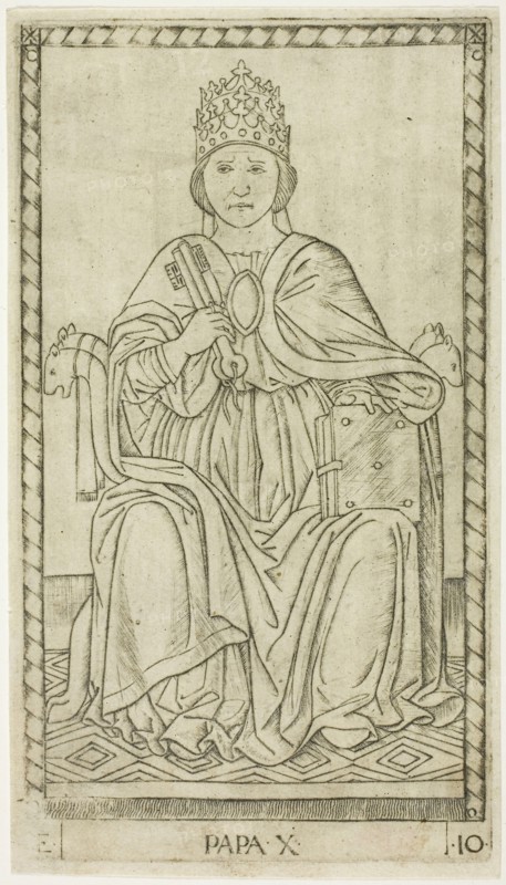 The Pope, plate ten from The Ranks and Conditions of Men, c. 1465, Master of the E-Series Tarocchi, Italian, active c. 1465, Italy, Engraving on paper, 178 x 100 mm (plate), 184 x 103 mm (sheet)