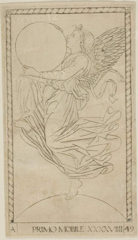 The Angel of the Ninth Sphere, or Primum Mobile, plate 49 from Planets and Spheres, c. 1465, Master of the E-Series Tarocchi, Italian, active c. 1465, Italy, Engraving in black on tan laid paper, 166 x 96 mm (image), 177 x 100 (plate), 182 x 104 mm (sheet)