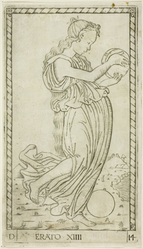 Erato, plate fourteen from Apollo and the Muses, c. 1465, Master of the E-Series Tarocchi, Italian, active c. 1465, Italy, Engraving on paper, 179 x 100 mm (plate), 185 x 105 mm (sheet)