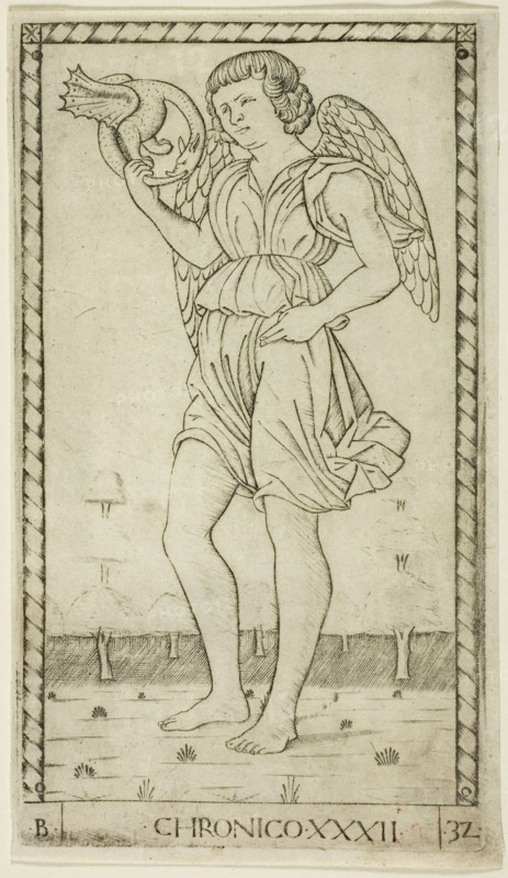 Genius of Time, plate 32 from Genii and Virtues, c. 1465, Master of the E-Series Tarocchi, Italian, active c. 1465, Italy, Engraving on paper, 178 x 100 mm (plate), 183 x 105 mm (sheet)