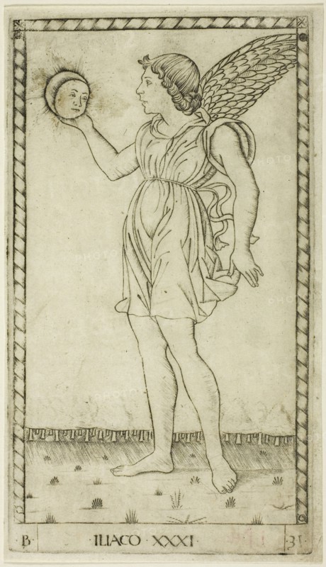 Genius of the Sun, plate 31 from Genii and Virtues, c. 1465, Master of the E-Series Tarocchi, Italian, active c. 1465, Italy, Engraving on paper, 179 x 100 mm (plate), 184 x 106 mm (sheet)
