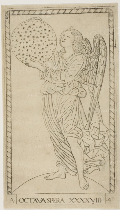 The Angel and the Eighth Sphere, plate 48 from Planets and Spheres, c. 1465, Master of the E-Series Tarocchi, Italian, active c. 1465, Italy, Engraving in black on tan laid paper, 167 x 97 mm (image), 179 x 101 mm (plate), 182 x 104 mm (sheet)