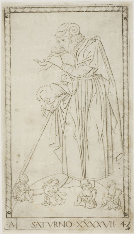 Saturn, plate 47 from Planets and Spheres, c. 1465, Master of the E-Series Tarocchi, Italian, active c. 1465, Italy, Engraving on paper, 168 x 98 mm (image), 179 x 101 mm (plate), 185 x 105 mm (sheet)