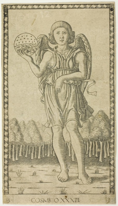 Genius of the World, plate 33 from Genii and Virtues, c. 1465, Master of the E-Series Tarocchi, Italian, active c. 1465, Italy, Engraving on paper, 181 x 101 mm