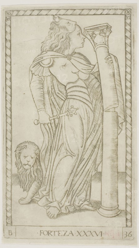 Fortitude, plate 36 from Genii and Virtues, c. 1465, Master of the E-Series Tarocchi, Italian, active c. 1465, Italy, Engraving in black on cream laid paper, 180 × 100 mm (plate), 186 × 105 mm (sheet)