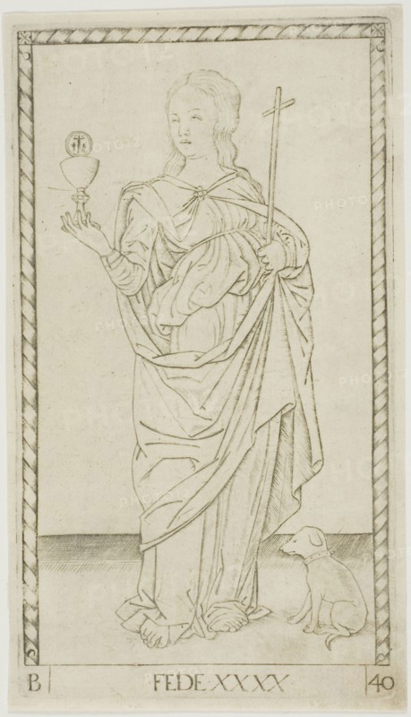 Faith plate 40 from Genii and Virtues, c. 1465, Master of the E-Series Tarocchi, Italian, active c. 1465, Italy, Engraving on paper, 186 x106 mm (sheet), 180 x 100 mm (plate)
