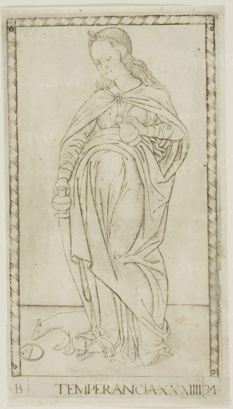 Temperance, plate 34 from Genii and Virtues, c. 1465, Master of the E-Series Tarocchi, Italian, active c. 1465, Italy, Engraving on ivory laid paper, 180 x 100 mm (plate), 187 x 104 mm (sheet)