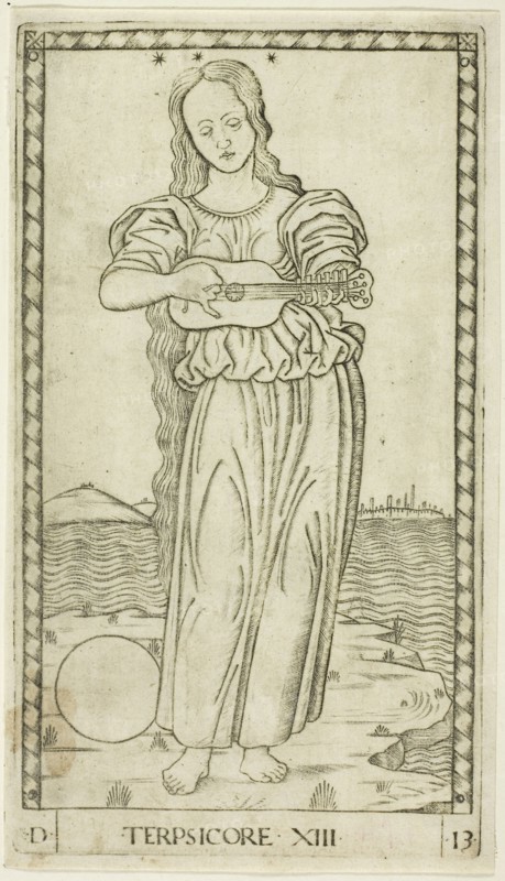 Terpsichore, plate thirteen from Apollo and the Muses, c. 1465, Master of the E-Series Tarocchi, Italian, active c. 1465, Italy, Engraving on paper, 178 x 100 mm (plate), 184 x 105 mm (sheet)