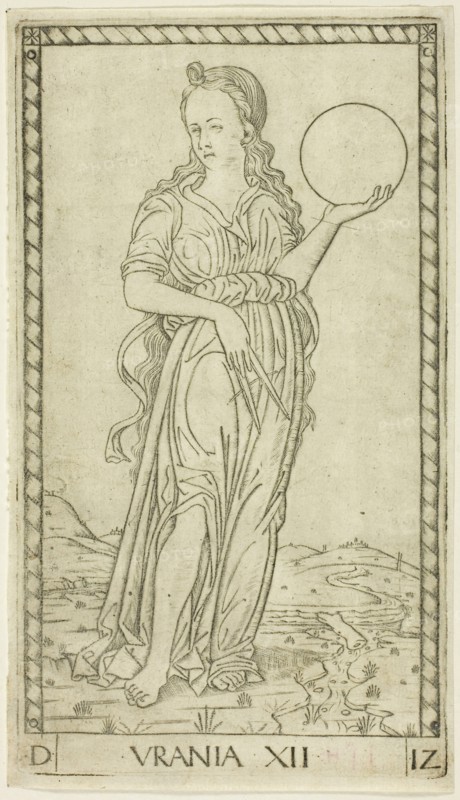 Urania, plate twelve from Apollo and the Muses, c. 1465, Master of the E-Series Tarocchi, Italian, active c. 1465, Italy, Engraving on paper, 178 x 101 mm (plate), 183 x 105 mm (sheet)