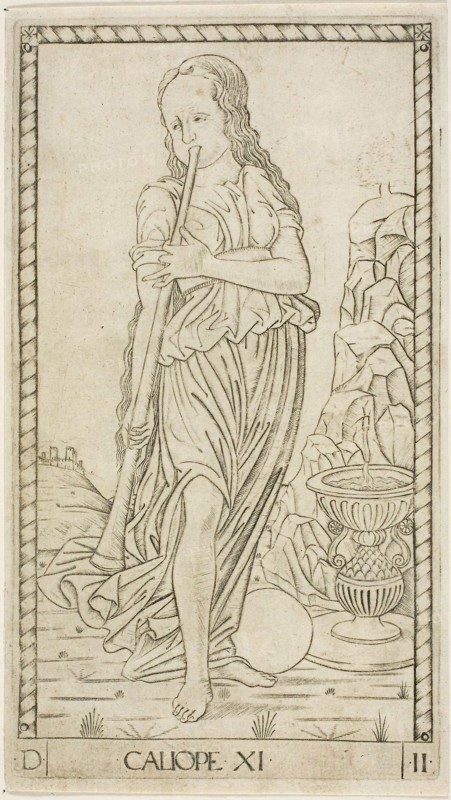 Calliope, plate eleven from Apollo and the Muses, c. 1465, Master of the E-Series Tarocchi, Italian, active c. 1465, Italy, Engraving on paper, 179 x 100 mm (plate), 186 x 105 mm (sheet)