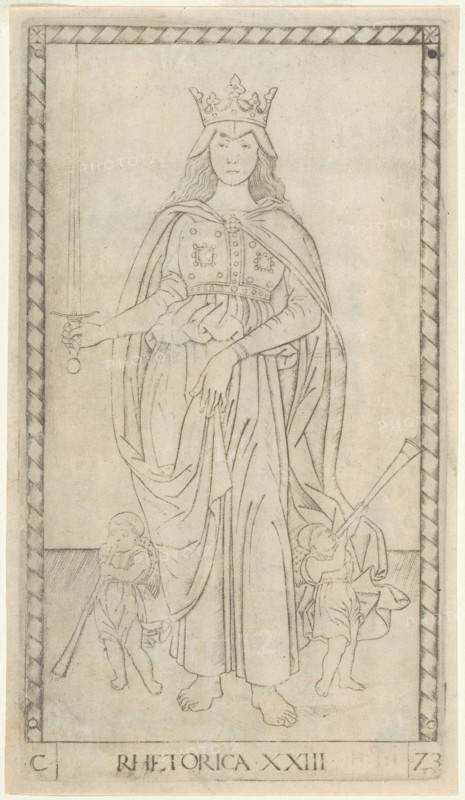 Rhetoric, plate 23 from Arts and Sciences, c. 1465, Master of the E-Series Tarocchi, Italian, active c. 1465, Italy, Engraving in black on ivory laid paper, 179 x 100 mm (plate), 185 x 107 mm (sheet)
