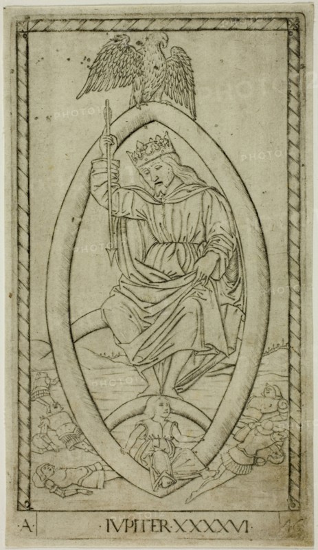 Jupiter, plate 46 from Planets and Spheres, c. 1465, Master of the E-Series Tarocchi, Italian, active c. 1465, Italy, Engraving on paper, 185 x 105 mm (sheet), 180 x 100 mm (plate)