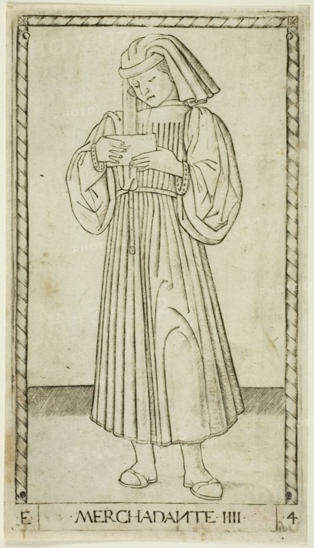 The Merchant, plate four from The Ranks and Conditions of Men, c. 1465, Master of the E-Series Tarocchi, Italian, active c. 1465, Italy, Engraving on paper, 170 x 100 mm (plate), 185 x 105 mm (sheet)