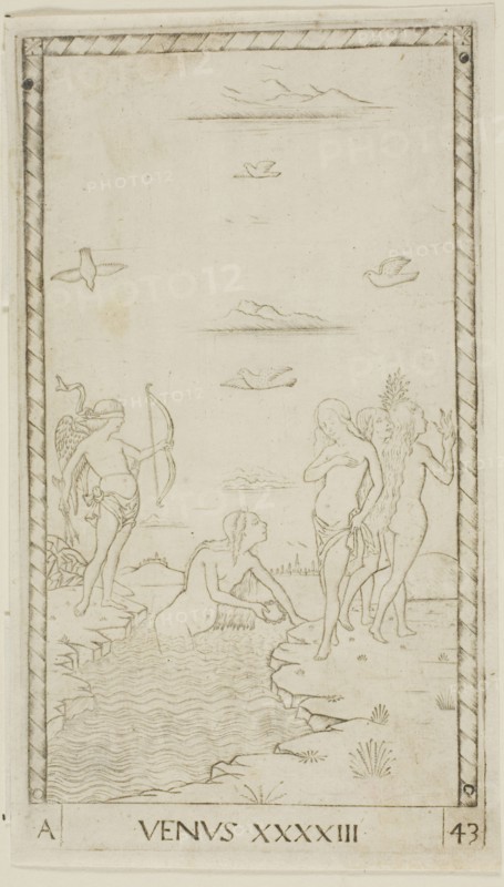 Venus, plate 43 from Planets and Spheres, c. 1465, Master of the E-Series Tarocchi, Italian, active c. 1465, Italy, Engraving on paper, 180 x 100 mm (plate), 187 x 105 mm (sheet)