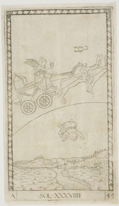 The Sun, plate 44 from Planets and Spheres, c. 1465, Master of the E-Series Tarocchi, Italian, active c. 1465, Italy, Engraving on paper, 185 x 105 mm (sheet), 180 x 100 mm (plate)