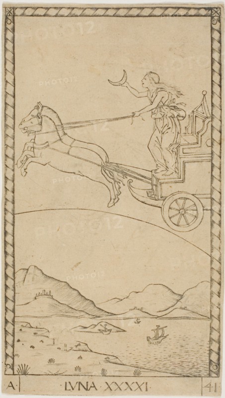 The Moon, plate 41 from Planets and Spheres, c. 1465, Master of the E-Series Tarocchi, Italian, active c. 1465, Italy, Engraving on paper, 179 x 100 mm