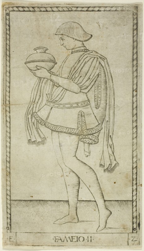 The Servant, plate two from The Ranks and Conditions of Men, c. 1465, Master of the E-Series Tarocchi, Italian, active c. 1465, Italy, Engraving on ivory laid paper, 179 x 101 mm (plate), 182 x 104 mm (sheet)