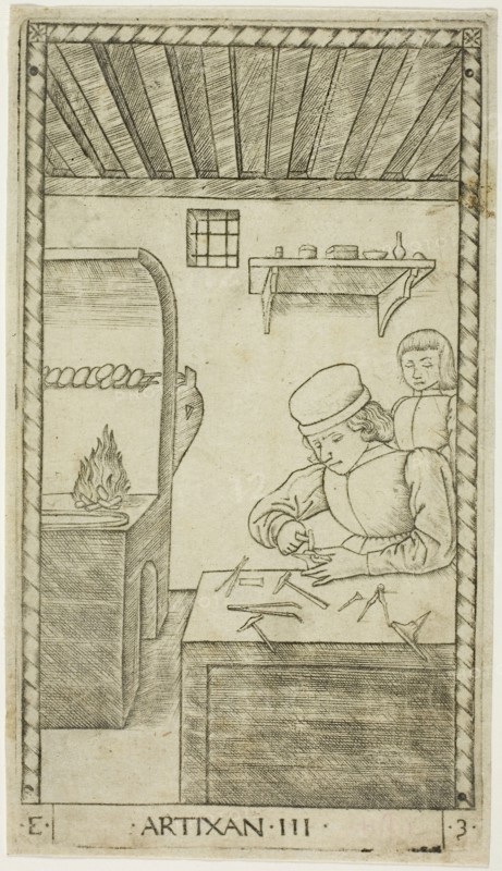 The Artisan, plate three from The Ranks and Conditions of Men, c. 1465, Master of the E-Series Tarocchi, Italian, active c. 1465, Italy, Engraving on paper, 180 x 101 mm (plate), 184 x 104 mm (sheet)