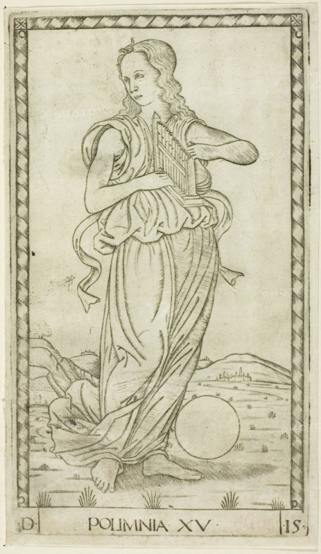 Polyhymnia, plate fifteen from Apollo and the Muses, c. 1465, Master of the E-Series Tarocchi, Italian, active c. 1465, Italy, Engraving on paper, 179 x 100 mm (plate), 184 x 106 mm (sheet)