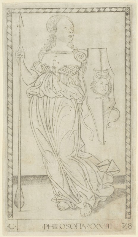 Philosophy, plate 28 from Arts and Sciences, c. 1465, Master of the E-Series Tarocchi, Italian, active c. 1465, Italy, Engraving in black on ivory laid paper, 179 x 100 mm (plate), 185 x 105 mm (sheet)