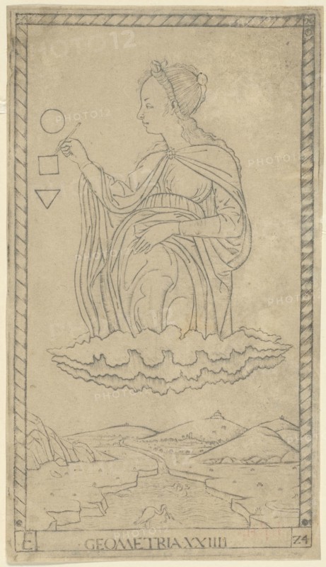 Geometry, plate 24 from Arts and Sciences, c. 1465, Master of the E-Series Tarocchi, Italian, active c. 1465, Italy, Engraving in black on cream laid paper, 178 x 100 mm (plate), 180 x 103 mm (sheet)