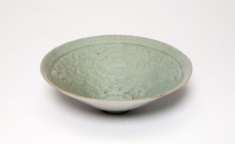 Conical Bowl with Peony Flowers, Goryeo dynasty (918–1392), early 12th century, Korea, North Korea, Celadon-glazed stoneware with underglaze molded and incised decoration, H. 4.9 cm (1 15/16 in.), diam. 14.9 cm (5 7/8 in.)