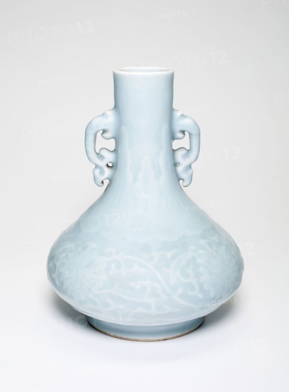 Vase with Leaf Scroll Handles and Floral Spray Design, Qing dynasty (1644–1911), Qianlong reign mark and period (1736–1795), China, Porcelain with clair de lune glaze, H. 17.1 cm (6 3/4 in.), diam. 13.4 cm (5 1/4 in.)