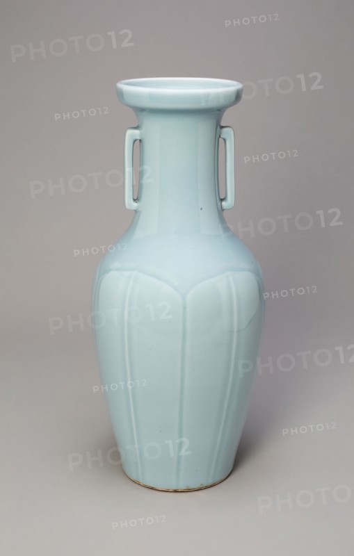 Vase with Rectangular Handles, Qing dynasty (1644–1911), Qianlong reign mark and period (1736–1795), China, Porcelain with pale lavender-blue (tianlan) glaze, H. 30.1 cm (11 7/8 in.), diam. 13.4 cm (5 1/4 in.)