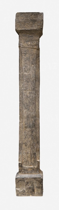 Pillar from Tomb Chamber, Western Han dynasty (206 B.C.–A.D. 9), 1st century B.C., China, probably Zhengzhou, Henan province, China, Gray earthenware with impressed and carved decoration, 120.2 × 19.0 × 18.5 cm (47 5/16 × 7 1/2 × 7 1/4 in.)