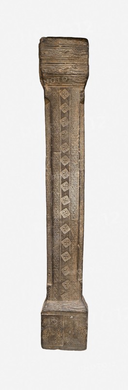 Pillar from Tomb Chamber, Western Han dynasty (206 B.C.–A.D. 9), 1st century B.C., China, probably from Zhengzhou, Henan province, China, Gray earthenware with impressed and carved decoration, 111.5 × 18.0 × 17.5 cm (43 7/8 × 7 1/16 × 6 7/8 in.)