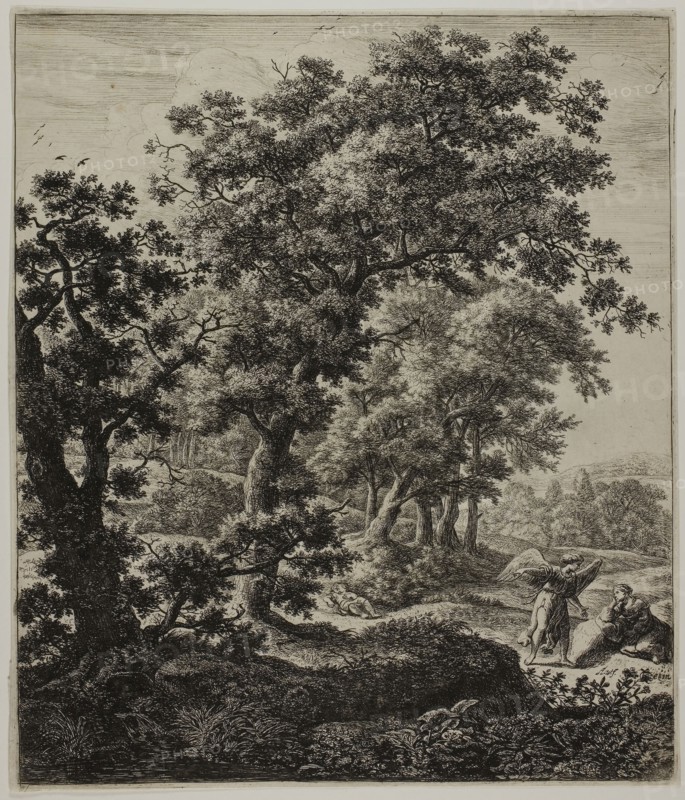 Hagar Comforted by the Angel, from Six Large Upright Landscapes with Scenes from the Old Testament, n.d., Anthonie Waterloo, Dutch, 1609-1690, Holland, Etching in black on ivory laid paper, 295 x 254 mm