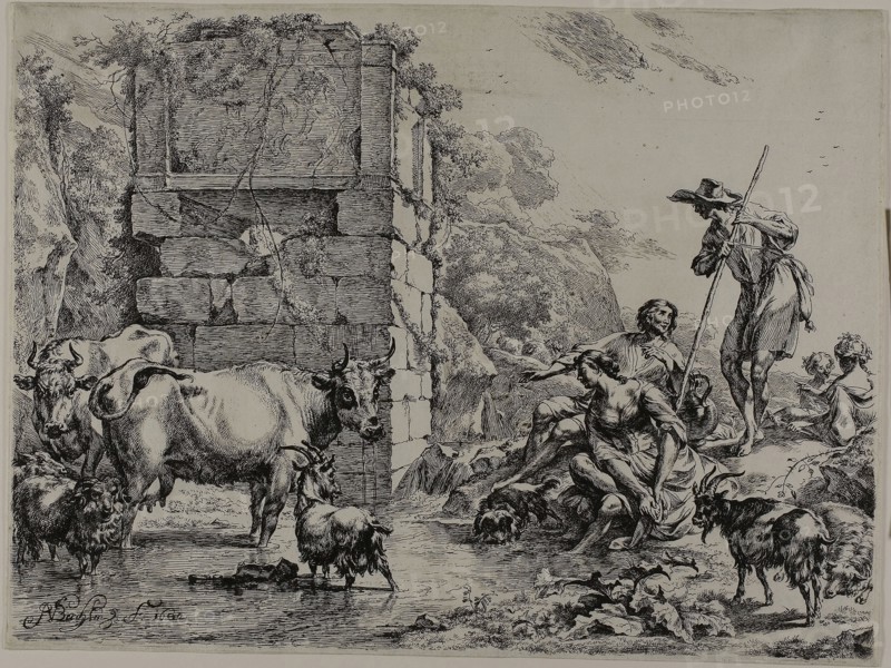 Cow Drinking, 1680, Nicolaes Berchem the Elder, Dutch, 1621/22-1683, Holland, Etching on paper, 277 x 374 mm (plate), 281 x 378 mm (sheet)