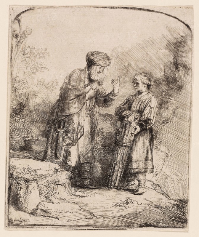 Abraham and Isaac, 1645, Rembrandt van Rijn, Dutch, 1606-1669, Holland, Etching and drypoint on white laid paper, 156 x 128 mm (image/plate), 159 x 131 mm (sheet)