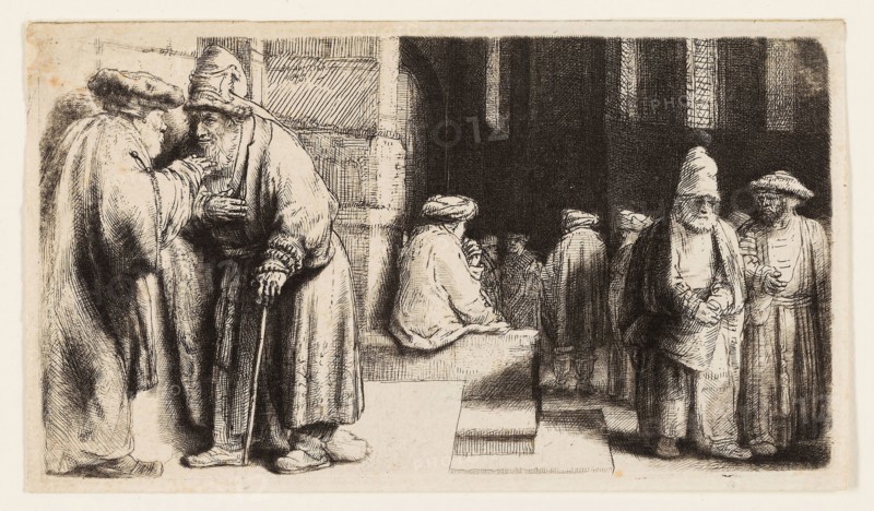 Jews in the Synagogue, 1648, Rembrandt van Rijn, Dutch, 1606-1669, Holland, Etching and drypoint on ivory laid paper, 71 x 129 mm (plate), 75 x 134 mm (sheet)