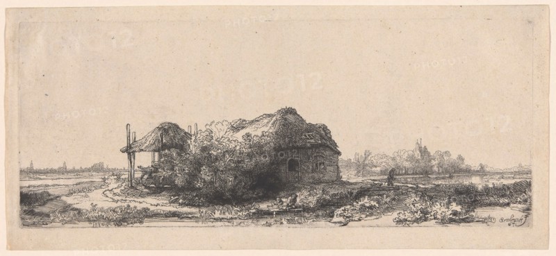 Landscape with Cottages and a Hay Barn: Oblong, 1641, Rembrandt van Rijn, Dutch, 1606-1669, Holland, Etching on ivory laid paper, 130 x 318 mm (image/plate), 152 x 336 mm (sheet)