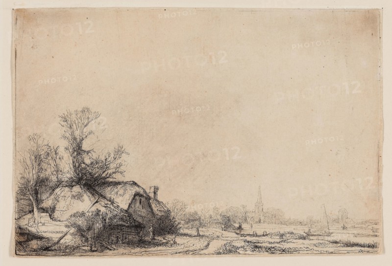 Cottage Beside a Canal with a View of Ouderkerk, c. 1641, Rembrandt van Rijn, Dutch, 1606-1669, Holland, Etching on ivory laid paper, 139 x 208 mm (plate), 141 x 211 mm (sheet)