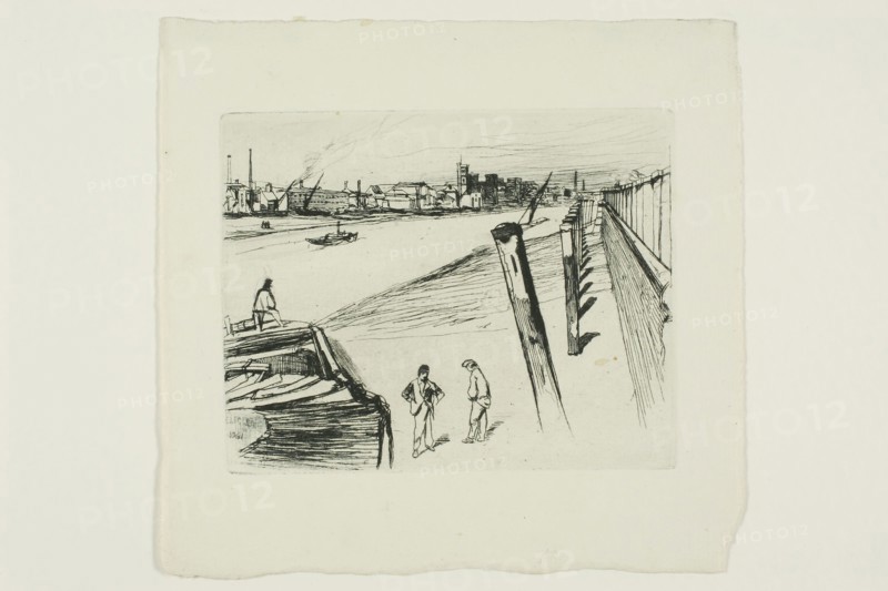 Millbank, 1861, James McNeill Whistler, American, 1834-1903, United States, Etching and drypoint with foul biting in black ink on cream laid paper, 100 x 126 mm (plate), 155 X 151 mm (sheet)