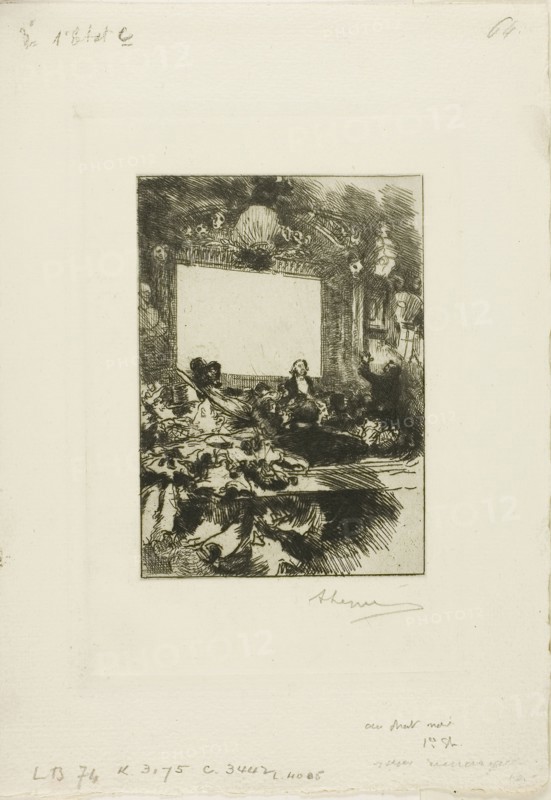 At the Chat Noir, 1893, Louis Auguste Lepère, French, 1849-1918, France, Etching and aquatint on cream laid paper, 113 × 80 mm (image), 163 × 113 mm (plate), 223 × 155 mm (sheet)