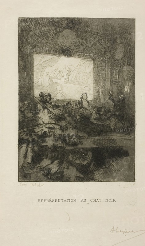At the Chat Noir, 1893, Louis Auguste Lepère, French, 1849-1918, France, Etching and aquatint on cream wove paper, 113 × 80 mm (image), 161 × 112 mm (sheet)