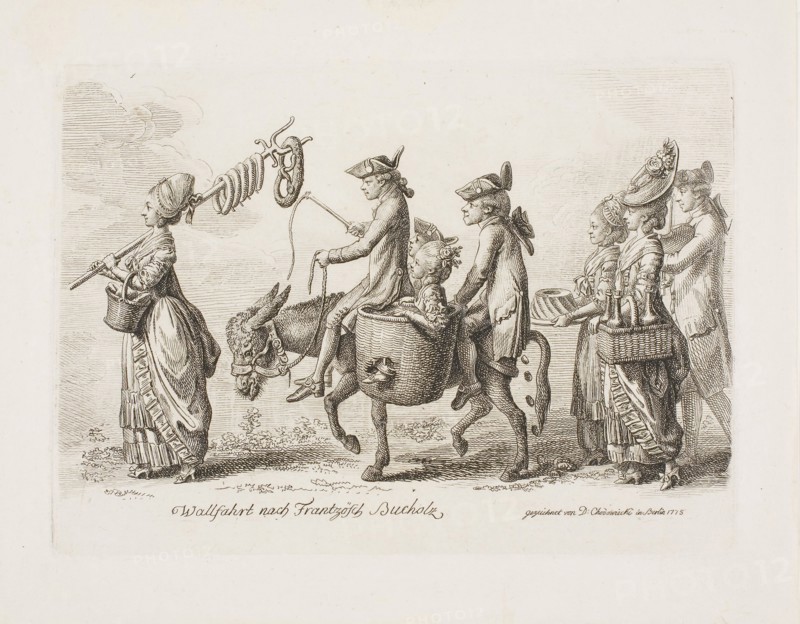 Pilgrimage to the Französisch Bucholz Spa near Berlin, 1779, Daniel Nikolaus Chodowiecki, German, 1726-1801, Germany, Etching and engraving on cream laid paper, 128 × 176 mm (image/plate), 165 × 210 mm (sheet)