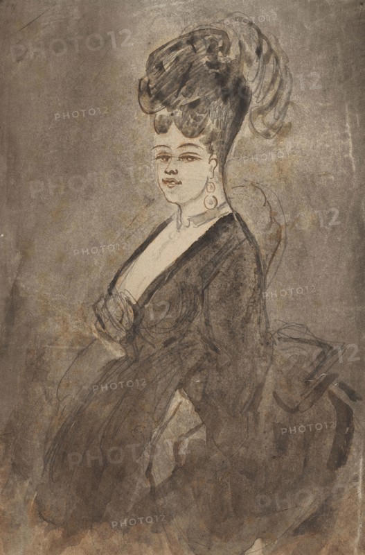Three-Quarter Length Portrait of a Woman, 1865/70, Constantin Guys, French, 1802-1892, France, Pen and brown ink, with brush and gray wash, over graphite, on ivory wove paper, 288 × 196 mm