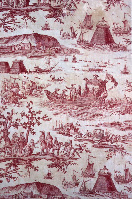 The Inauguration of The Port of Cherbourg by Louis XVI (Furnishing Fabric), c. 1787, Designed by Jean Baptiste Huet (French, 1745-1811) after cartoon by Pierre Ozanne (French, 1737-1815), Manufactured by Petitpierre et Cie  (French, 1760/70-1791), France, Nantes, Nantes, Cotton, plain weave, copperplate printed, 201.6 x 93.4 cm (79 3/8 x 36 3/4 in.)