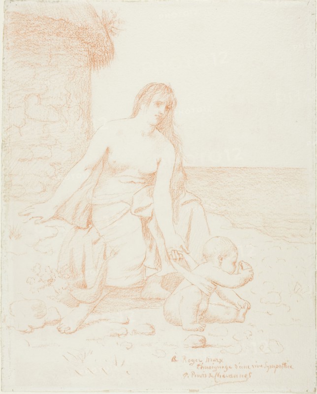 Fisherman’s Family, c. 1883, Pierre Puvis de Chavannes, French, 1824-1898, France, Red chalk on ivory wove paper, 208 × 249 mm