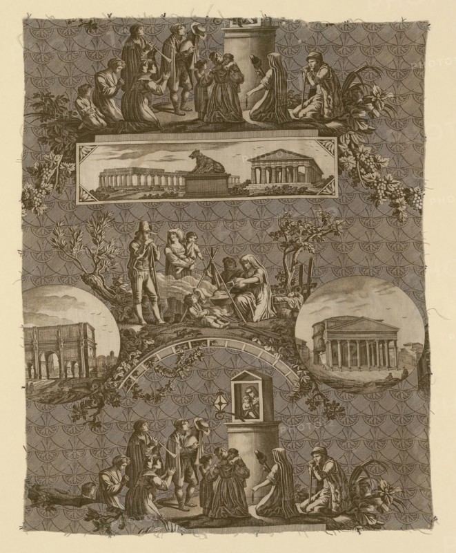 Le Romain (The Roman) (Furnishing Fabric), 1811, Designed by Jean Baptiste Huet (French, 1745–1811) after etchings by Bartolomeo Pinelli (French, 1781–1835), Engraved by Jules Mallet (French, 1759–1835), France, Jouy-en-Josas, France, Cotton, plain weave, engraved roller printed, 68.6 × 54.1 cm (27 × 21 1/4 in.)