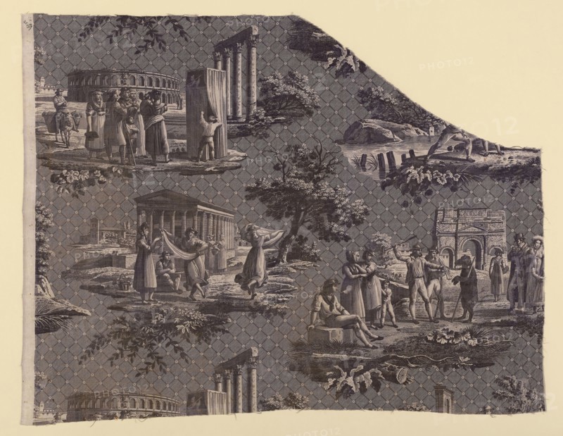 Les Monuments du Midi (Monuments of the South of France) (Furnishing Fabric), c.1811, Designed by Hippolyte Lebas (French, 1782–1867) after etchings by Bartolomeo Pinelli (Italian, 1781–1835)and engraved by Nicolas Auguste Leisnier (French, 1787–1835), France, Jouy-en-Josas, France, Cotton, plain weave, engraved roller printed, 67.8 × 85.8 cm (26 5/8 × 33 3/4 in.)