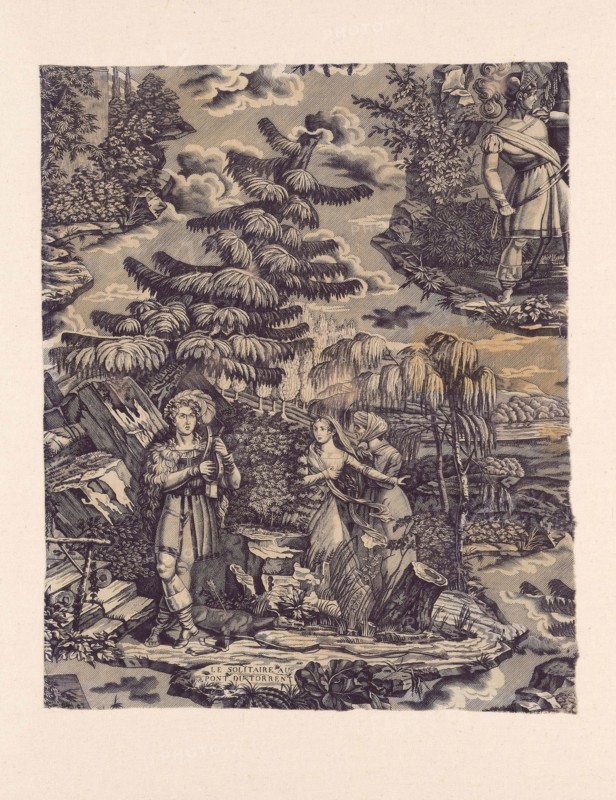Le Solitaire au Pont du Torrent (The Hermit at the Bridge over the Torrent) (Furnishing Fabric), c. 1822, Designed by Marius Rollet (French, 1796-1830), Manufactured by Hartmann et Fils (French, founded 1776), France, Munster, Munster, Cotton, plain weave, engraved roller printed, 56.3 x 46.9 cm (22 1/8 x 18 1/2 in.)