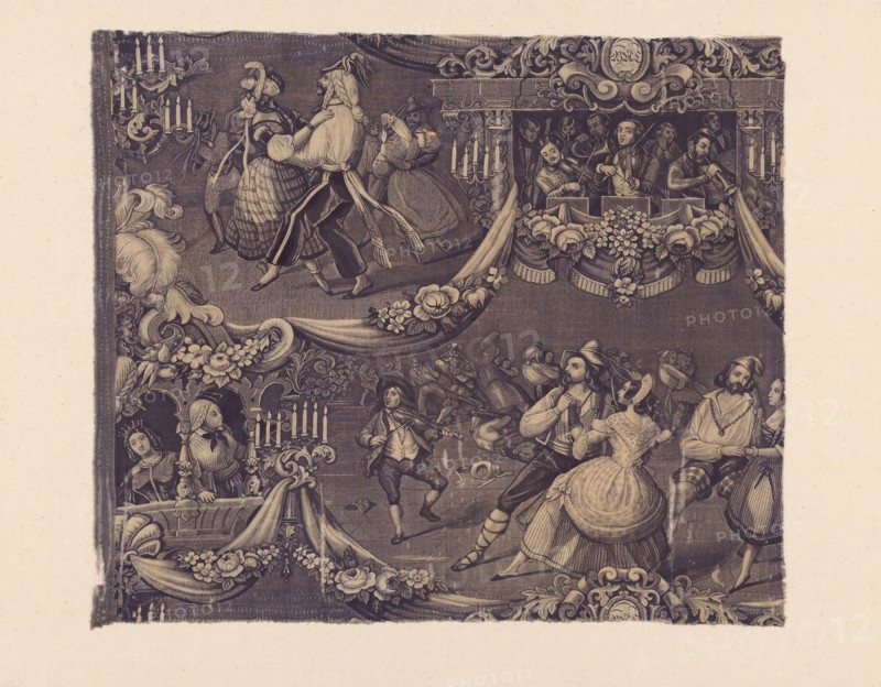 Le Bal (The Costume Ball) (Furnishing Fabric), 1827/40, Designed by George Zipelius (French, 1808-1890) after Sulpice Guillaume Chevallier, called Gavarni (French, 1804-1866), France, Cotton, plain weave, engraved roller printed, 47.4 × 54.8 cm (18 5/8 × 21 5/8 in.)