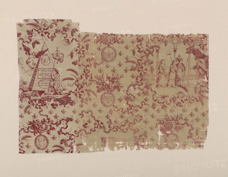 Le Bastille Demolité (Fall of the Bastille) (Furnishing Fabric), c. 1790, England, Cotton, plain weave, copperplate printed, 51 × 73.3 cm (20 × 28 7/8 in.)